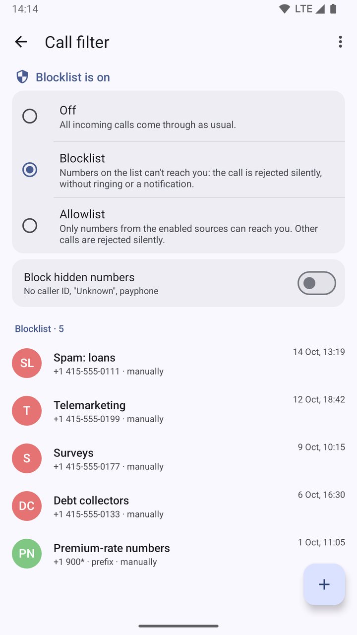 Call filter: block and allow lists
