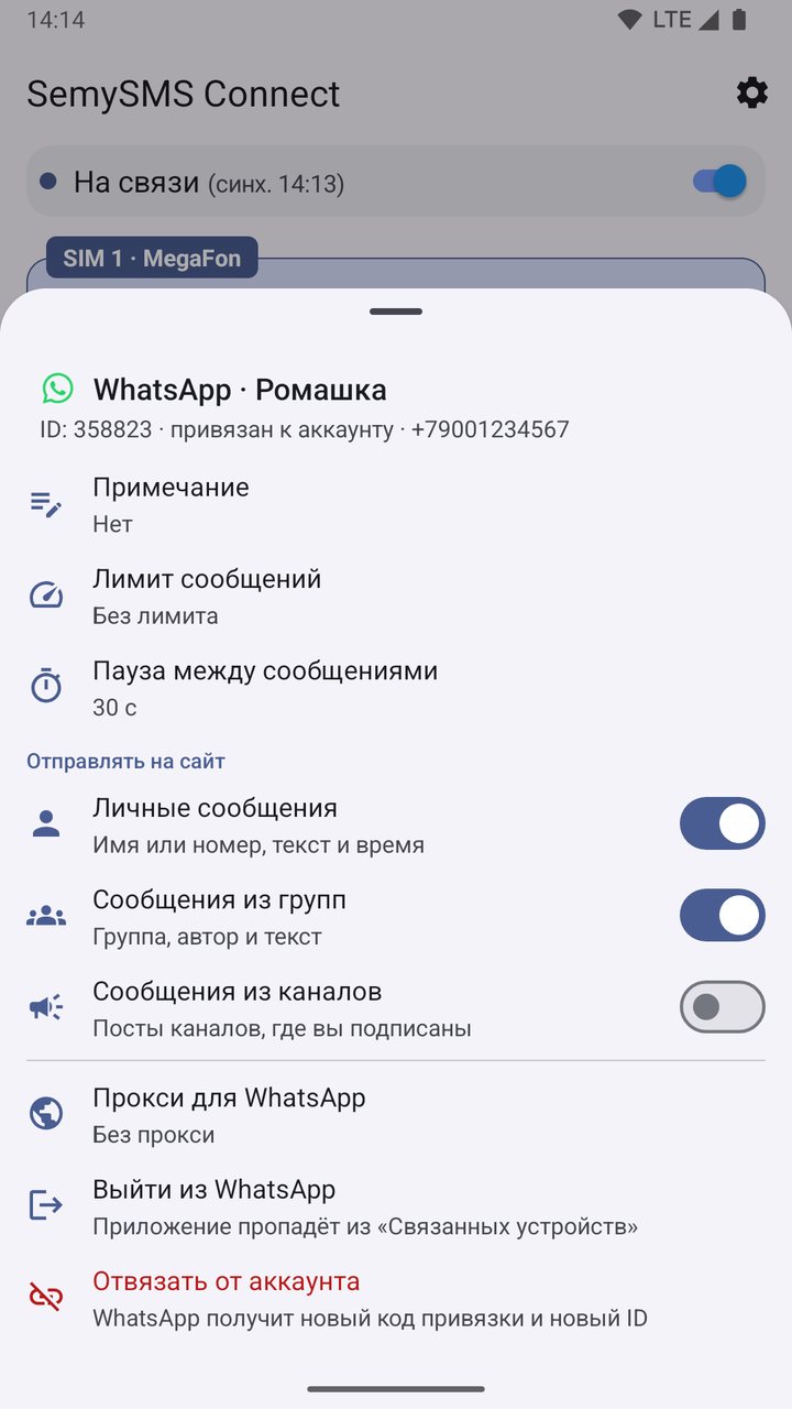 Карточка аккаунта WhatsApp